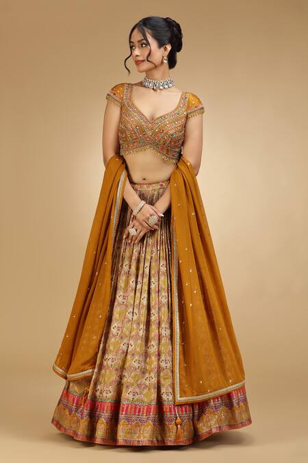 Shop_Jhambthreads_Mustard Silk, Georgette, Crepe Embroidery, Sequins, Beads, Blouse And Lehenga Set _Online_at_Aza_Fashions