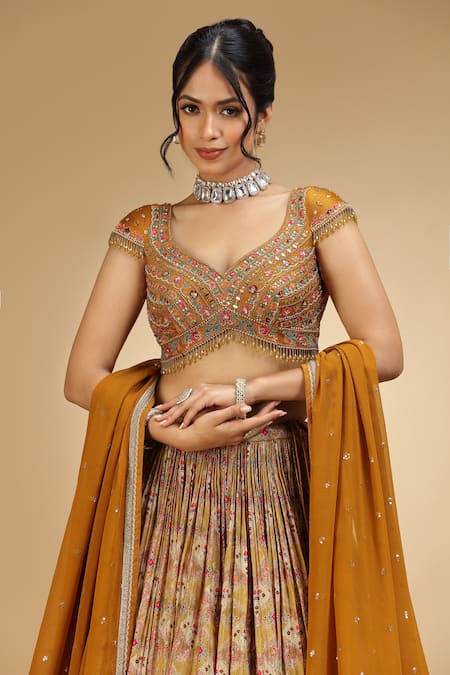 Buy_Jhambthreads_Mustard Silk, Georgette, Crepe Embroidery, Sequins, Beads, Blouse And Lehenga Set 