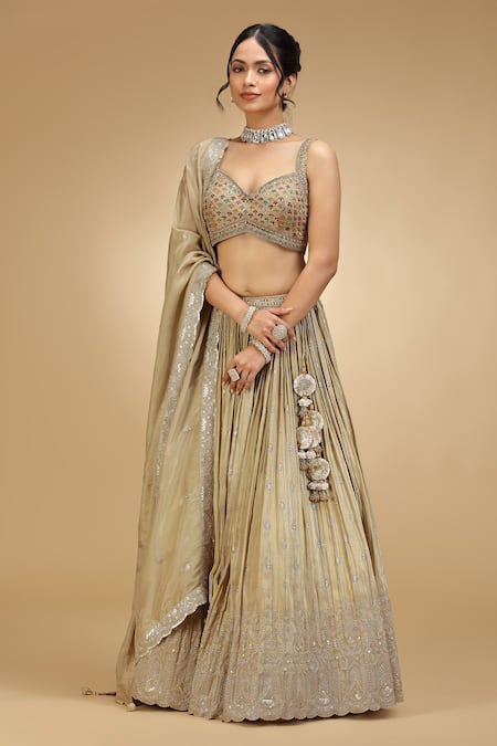 Jhambthreads_Gold Silk, Tissue Embroidery, Sequins, Tassels Sweetheart Tonal Lehenga Set _Online_at_Aza_Fashions