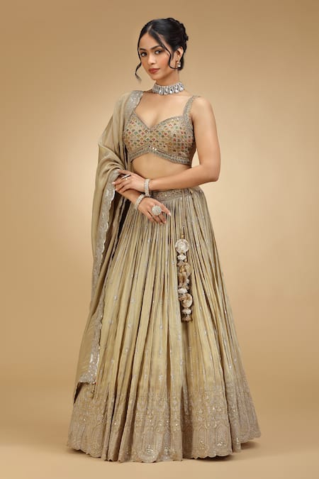 Buy_Jhambthreads_Gold Silk, Tissue Embroidery, Sequins, Tassels Sweetheart Tonal Lehenga Set _Online_at_Aza_Fashions