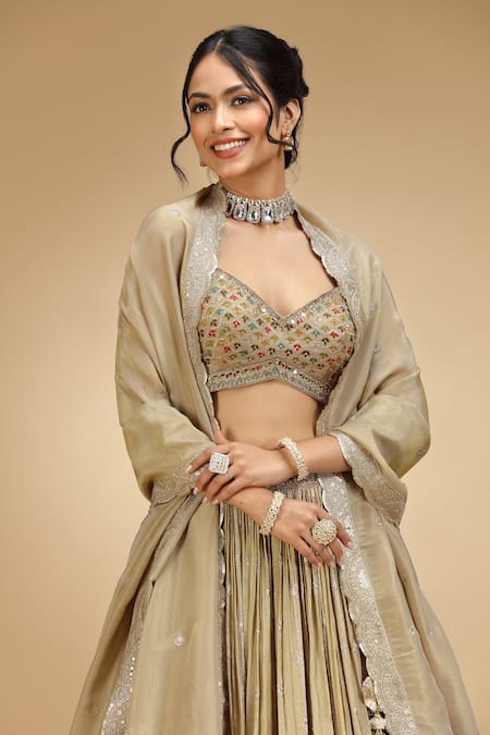 Shop_Jhambthreads_Gold Silk, Tissue Embroidery, Sequins, Tassels Sweetheart Tonal Lehenga Set _Online_at_Aza_Fashions