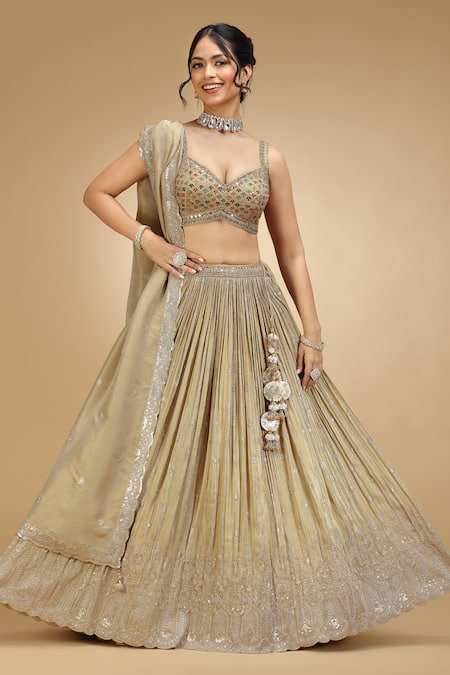 Jhambthreads_Gold Silk, Tissue Embroidery, Sequins, Tassels Sweetheart Tonal Lehenga Set _at_Aza_Fashions