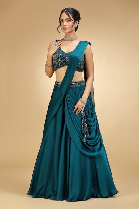 Buy_Jhambthreads_Green Georgette Embroidery, Sequins, Tassels V-neck Blouse Lehenga Set _Online_at_Aza_Fashions