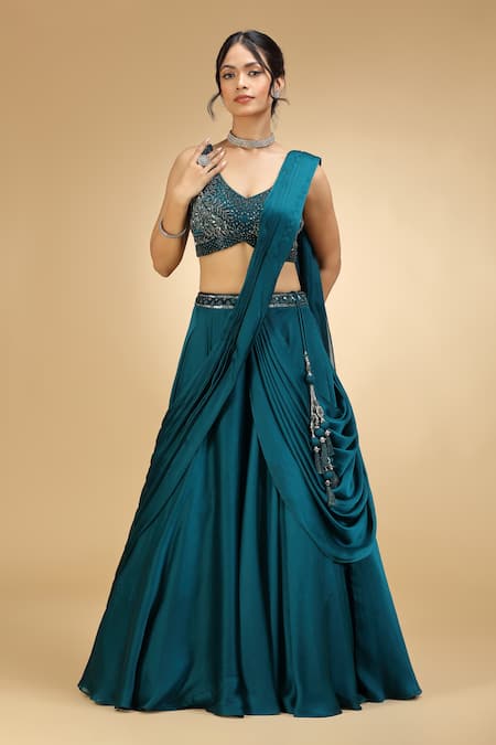 Shop_Jhambthreads_Green Georgette Embroidery, Sequins, Tassels V-neck Blouse Lehenga Set _Online_at_Aza_Fashions