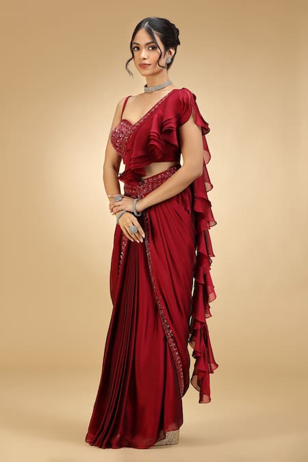 Jhambthreads_Red Georgette Embroidery, Sequins, Beads Ruffle Pre-draped Saree And Blouse Set _Online_at_Aza_Fashions