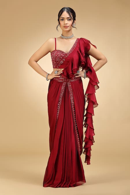 Jhambthreads Ruffle Pre-Draped Saree & Blouse Set 