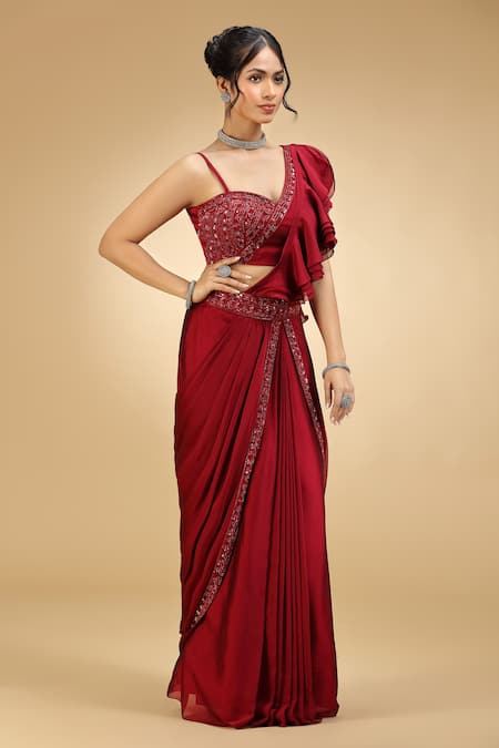 Shop_Jhambthreads_Red Georgette Embroidery, Sequins, Beads Ruffle Pre-draped Saree And Blouse Set _Online_at_Aza_Fashions
