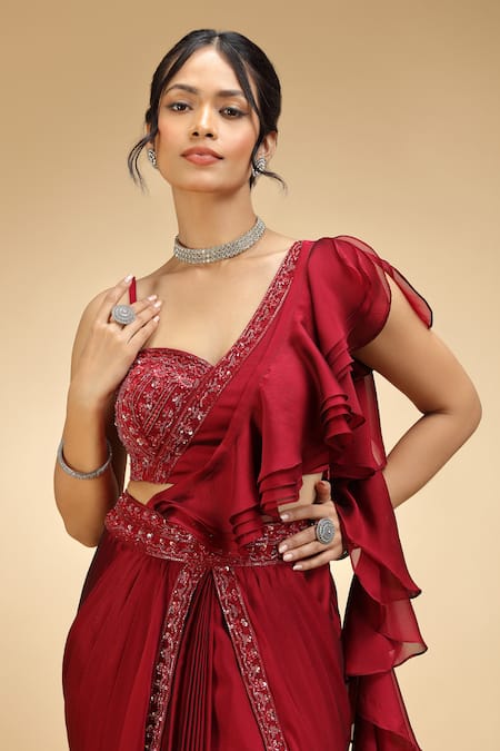 Jhambthreads_Red Georgette Embroidery, Sequins, Beads Ruffle Pre-draped Saree And Blouse Set _at_Aza_Fashions