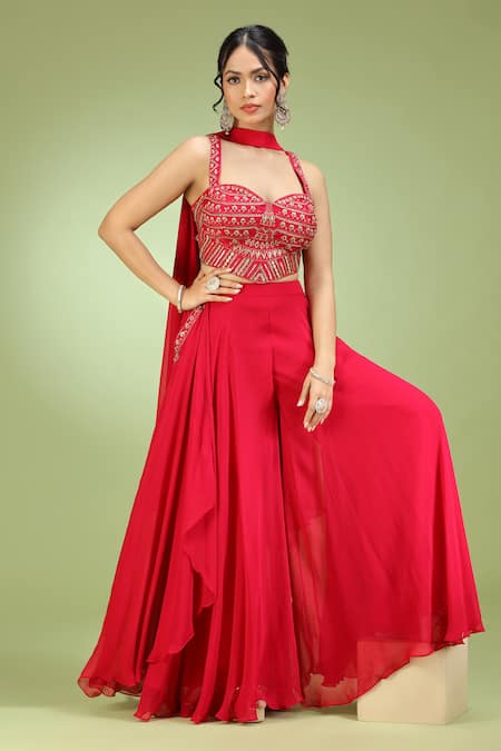 Jhambthreads_Red Silk, Georgette Sequins Sweetheart Neck Embroidered Blouse And Palazzo Set _Online_at_Aza_Fashions