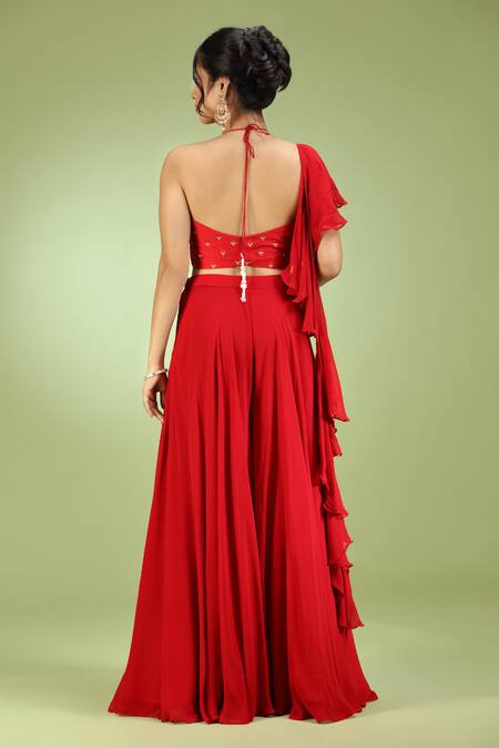 Buy_Jhambthreads_Red Silk, Georgette Sequins Sweetheart Neck Embroidered Blouse And Palazzo Set _Online_at_Aza_Fashions