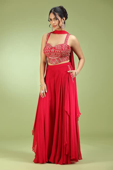 Shop_Jhambthreads_Red Silk, Georgette Sequins Sweetheart Neck Embroidered Blouse And Palazzo Set _Online_at_Aza_Fashions