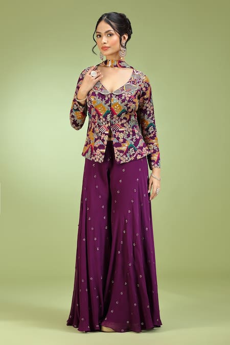 Buy_Jhambthreads_Purple Georgette, Viscose Sequins V-neck Abstract Pattern Peplum Kurta Set _Online_at_Aza_Fashions