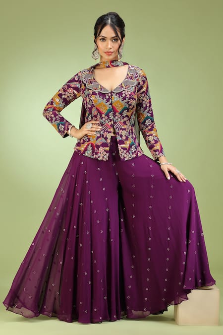 Shop_Jhambthreads_Purple Georgette, Viscose Sequins V-neck Abstract Pattern Peplum Kurta Set _Online_at_Aza_Fashions