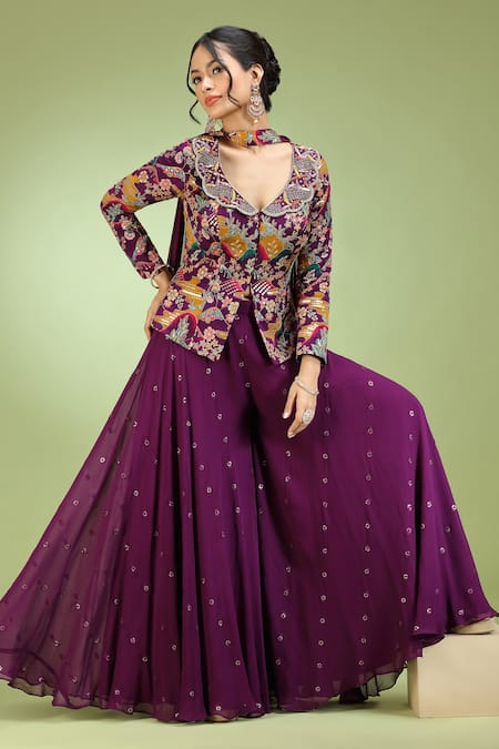 Jhambthreads_Purple Georgette, Viscose Sequins V-neck Abstract Pattern Peplum Kurta Set _at_Aza_Fashions