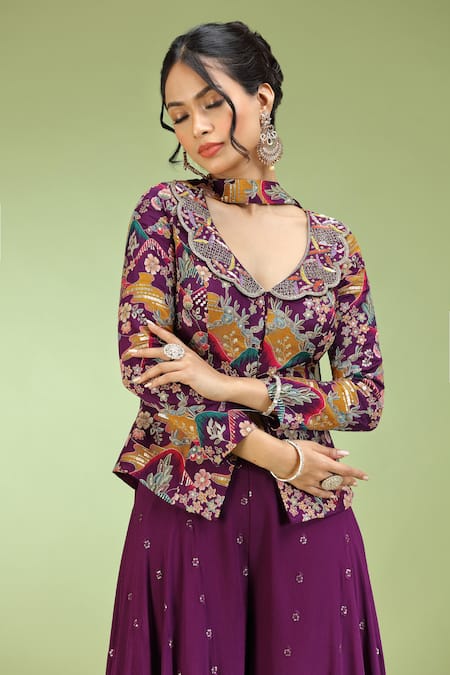 Buy_Jhambthreads_Purple Georgette, Viscose Sequins V-neck Abstract Pattern Peplum Kurta Set 
