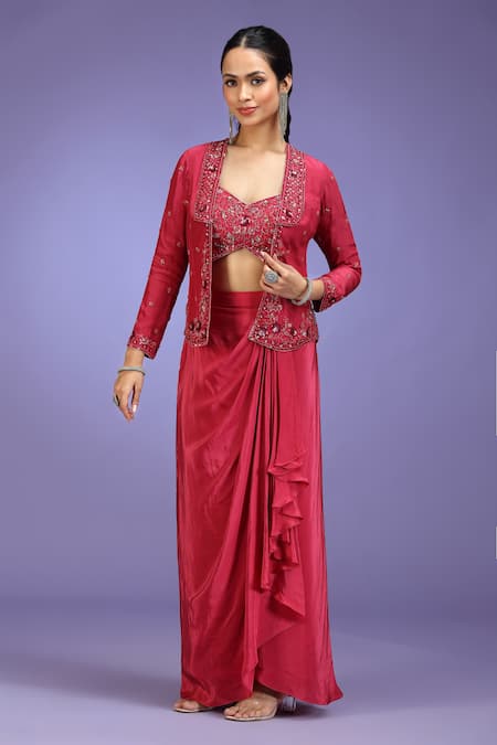 Jhambthreads_Red Crepe Embroidery, Sequins, Stones Open Neck, Jacket Draped Skirt Set _Online_at_Aza_Fashions