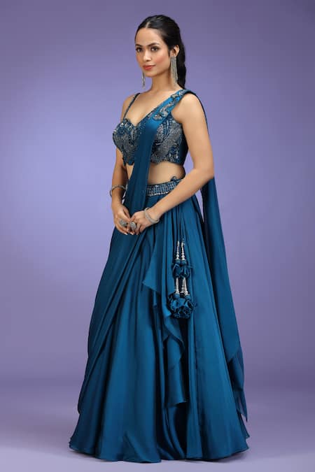 Buy_Jhambthreads_Blue Georgette Sequins, Beads, Zari, Stones Embroidered Blouse And Lehenga Set _Online_at_Aza_Fashions