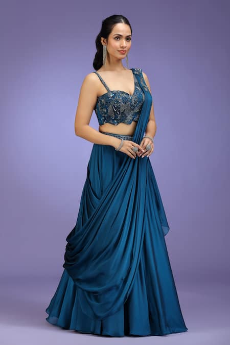 Shop_Jhambthreads_Blue Georgette Sequins, Beads, Zari, Stones Embroidered Blouse And Lehenga Set _Online_at_Aza_Fashions