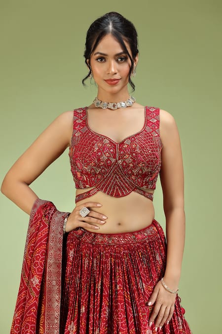 Jhambthreads_Red Silk, Crepe Embroidery, Sequins, Zari, Tassels Floral Blouse Lehenga Set _Online_at_Aza_Fashions