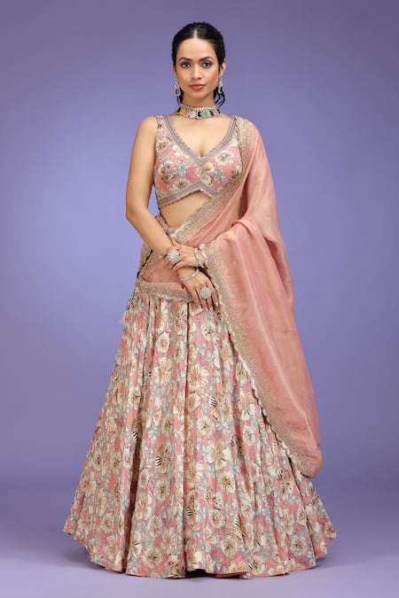 Jhambthreads_Pink Crepe, Tissue Zari, Tassels V-neck Floral Pattern Lehenga Set _Online_at_Aza_Fashions