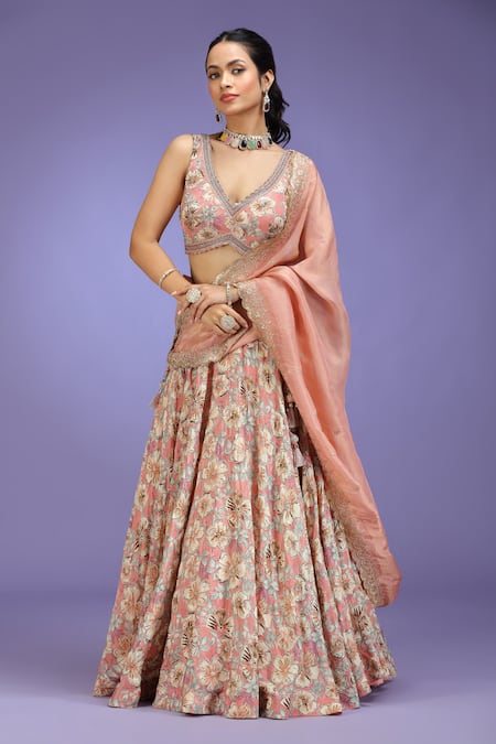 Buy_Jhambthreads_Pink Crepe, Tissue Zari, Tassels V-neck Floral Pattern Lehenga Set _Online_at_Aza_Fashions