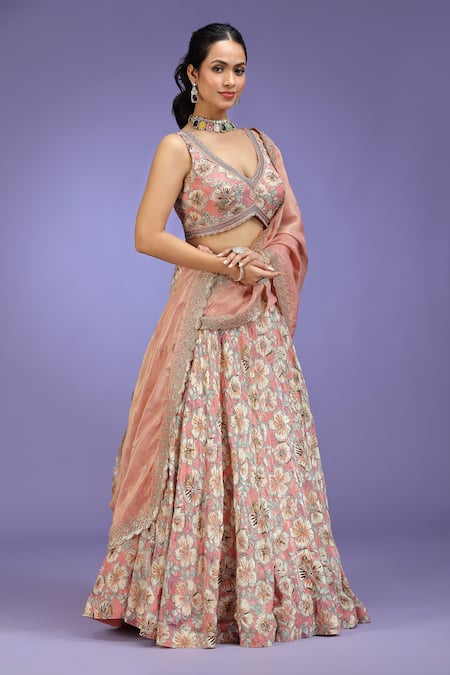 Shop_Jhambthreads_Pink Crepe, Tissue Zari, Tassels V-neck Floral Pattern Lehenga Set _Online_at_Aza_Fashions