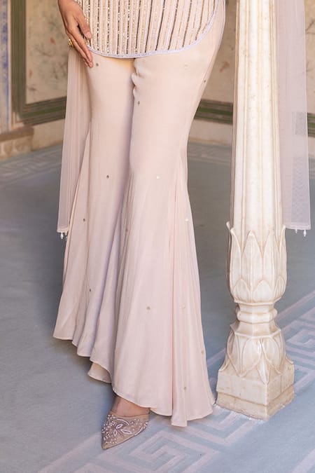 Sajeda A Lehry_Ivory Crepe Sequins, Embroidery, Pearls, Cut Work, Hand Kurta Sharara Set _at_Aza_Fashions