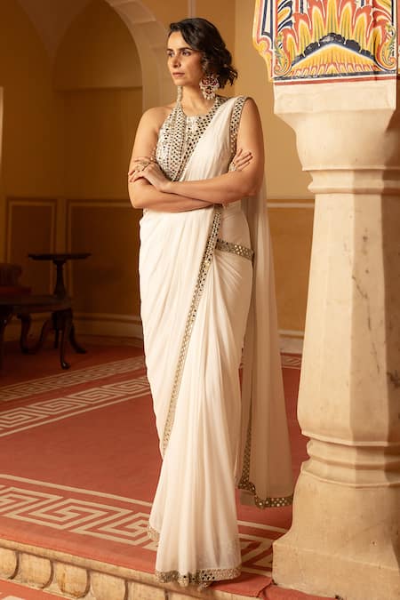 Sajeda A Lehry Pre-Stitched Saree With Mirror Work Blouse 