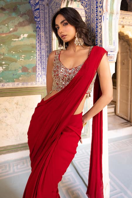 Shop_Sajeda A Lehry_Red Georgette, Shantoon Mirrors, Pre-stitched Saree With Hand Work Blouse _Online_at_Aza_Fashions