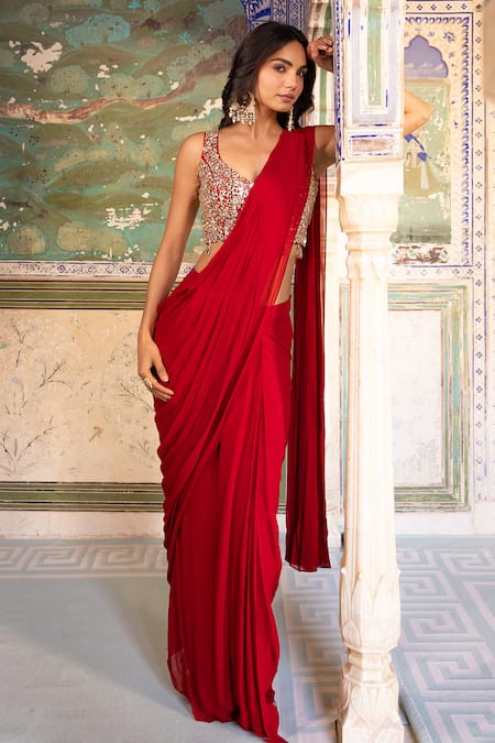 Sajeda A Lehry_Red Georgette, Shantoon Mirrors, Pre-stitched Saree With Hand Work Blouse _at_Aza_Fashions