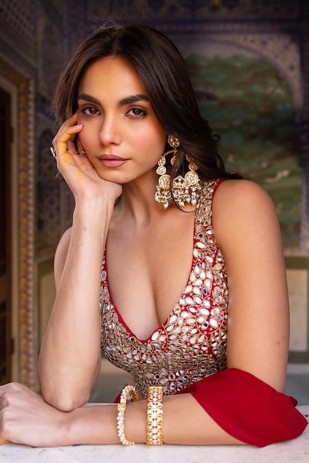 Buy_Sajeda A Lehry_Red Georgette, Shantoon Mirrors, Pre-stitched Saree With Hand Work Blouse 