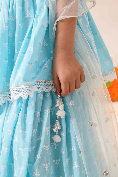 Shop Jhambthreads Sky Blue Cotton, Net Embroidery, Tassels, Lace Kurta Sharara Set Online at Aza Fashions Shop_Jhambthreads_Sky Blue Cotton, Net Embroidery, Tassels, Lace Kurta Sharara Set _Online_at_Aza_Fashions