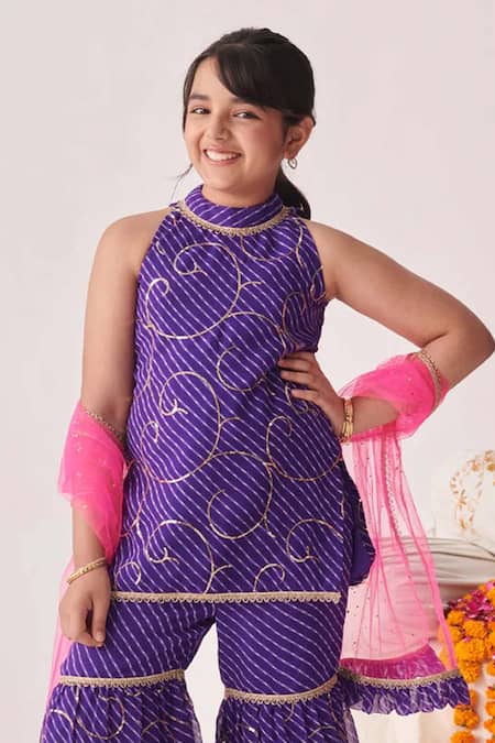 Jhambthreads_Blue Georgette, Net Embroidery Printed Kurta Set _Online_at_Aza_Fashions