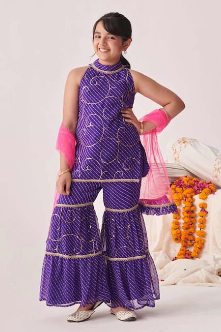 Buy_Jhambthreads_Blue Georgette, Net Embroidery Printed Kurta Set _Online_at_Aza_Fashions