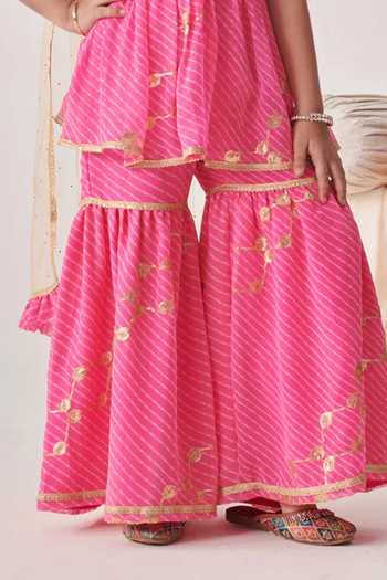 Buy_Jhambthreads_Pink Georgette, Net Embroidery, Zari Printed Kurta Set _Online_at_Aza_Fashions