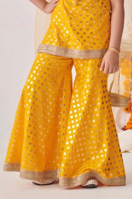 Shop_Jhambthreads_Yellow Cotton, Net Embroidery Printed Kurta Set _Online_at_Aza_Fashions