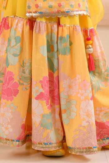 Buy_Jhambthreads_Pink Georgette, Net Embroidery, Printed Floral Kurta Sharara And Dupatta Set _Online_at_Aza_Fashions