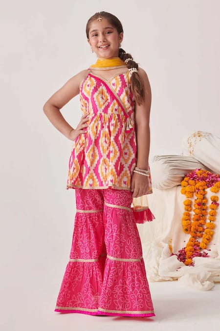 Jhambthreads Ikat Print Kurta Sharara Set 