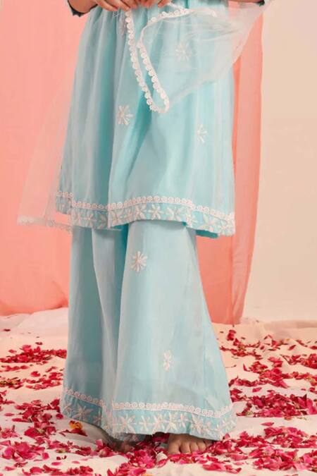 Jhambthreads_Sky Blue Cotton, Net Embroidery Kurta Set _Online_at_Aza_Fashions