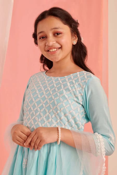 Buy_Jhambthreads_Sky Blue Cotton, Net Embroidery Kurta Set _Online_at_Aza_Fashions