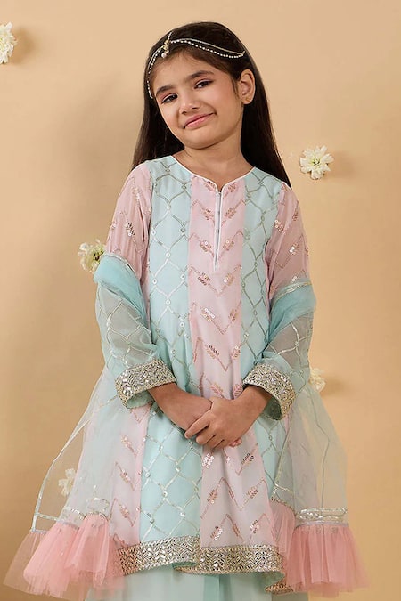 Jhambthreads_Pink Georgette, Net Embroidery, Sequins Printed Kurta Palazzo Set _Online_at_Aza_Fashions