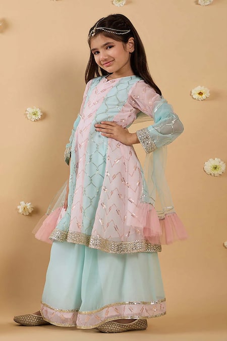 Buy_Jhambthreads_Pink Georgette, Net Embroidery, Sequins Printed Kurta Palazzo Set _Online_at_Aza_Fashions