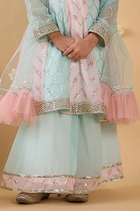 Shop_Jhambthreads_Pink Georgette, Net Embroidery, Sequins Printed Kurta Palazzo Set _Online_at_Aza_Fashions