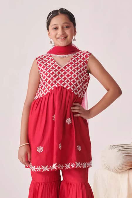 Buy_Jhambthreads_Magenta Silk, Net Embroidery Checkered Kurta Sharara Set _Online_at_Aza_Fashions