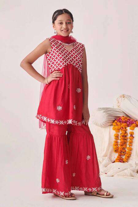 Shop_Jhambthreads_Magenta Silk, Net Embroidery Checkered Kurta Sharara Set _Online_at_Aza_Fashions