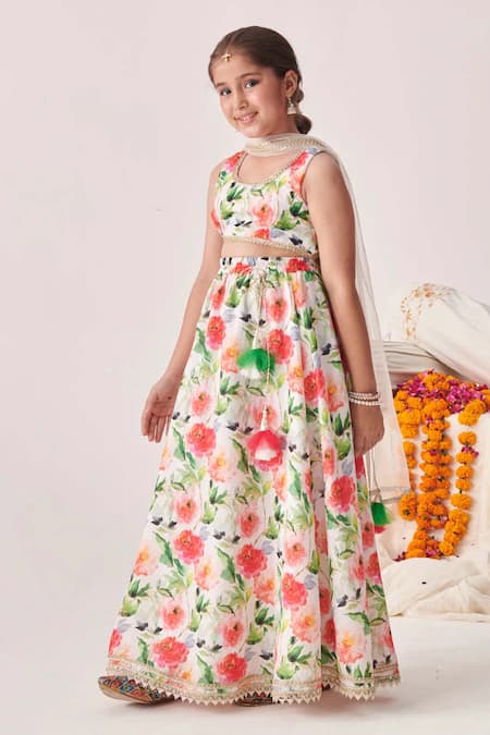 Buy_Jhambthreads_Multi Color Silk, Net Embroidery, Tassels Floral Print Lehenga Set _Online_at_Aza_Fashions