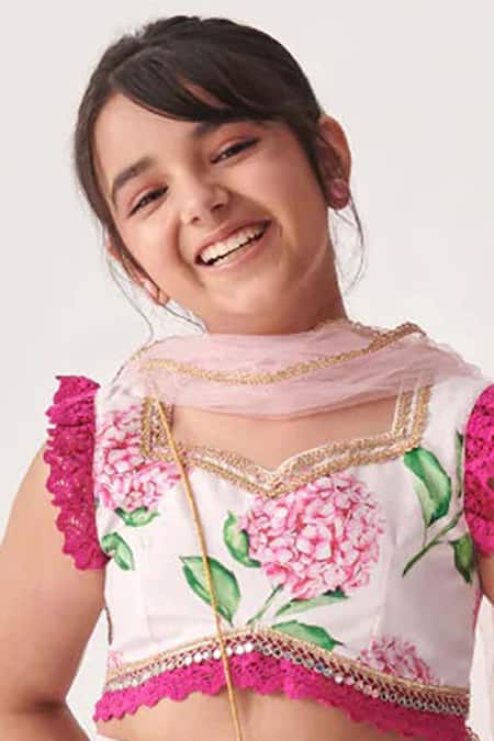 Jhambthreads_Pink Cotton, Net Embroidery, Lace, Sequins Floral Print Blouse Lehenga Set _Online_at_Aza_Fashions