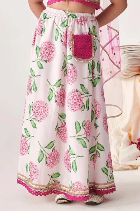 Buy_Jhambthreads_Pink Cotton, Net Embroidery, Lace, Sequins Floral Print Blouse Lehenga Set _Online_at_Aza_Fashions