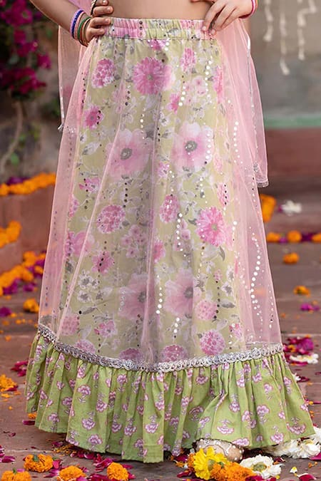Buy_Jhambthreads_Pink Cotton, Net Embroidery, Sequins Printed And Lehenga Set _Online_at_Aza_Fashions
