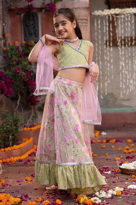 Shop_Jhambthreads_Pink Cotton, Net Embroidery, Sequins Printed And Lehenga Set _Online_at_Aza_Fashions